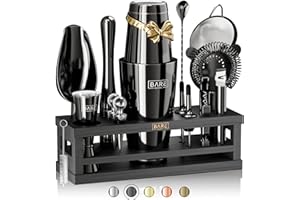 BARE BARREL Kit per la preparazione di cocktail, kit da barista da 16 pezzi, shaker per cocktail, espositore in bambù e 35 biglietti di ricette, set regalo per cocktail mixology (shaker Boston da 800