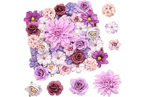‎YSUVIN YSUVIN 50 Stück Kunstblumen zum Basteln, Lila Künstlich Blütenköpfe, 9 Arten von Kunstblumen zum Basteln, Tortendeko Blumen, Blumen Deko für DIY Handwerk Hochzeit Party Home