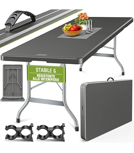 Tavolo Rettangolare Pieghevole In Polyrattan E Acciaio – 180x75xH72 Cm, Bianco, Struttura In Acciaio Verniciato, Per Giardino E Terrazzo