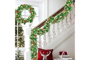 CHOIGN Weihnachtsgirlande, 2,7 m, Weihnachtsgirlande mit Lichtern, künstliche Weihnachtsbaumgirlande, Weihnachtskranz für Kamin, Treppe, Dekoration für Weihnachtsbäume