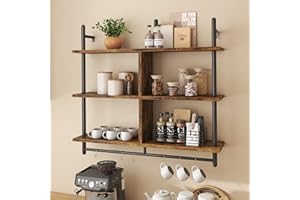 Bestier 3 Tier Floating Pipe Shelving 105.5CM Industrial Wall Mounted Ladder Shelf Hanging with Circular Tube with Hooks Wood Display Storage Home Decor Book Shelves