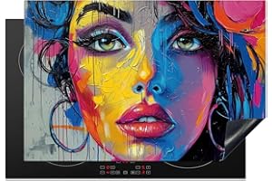 KitchenYeah© Protege Plaque Tapis Pour Induction 76x51 cm Deco Cuisine Protection Vitrocéramique Pour Cuisiniere Graffiti - Femme - Coloré - Street art - Pop art