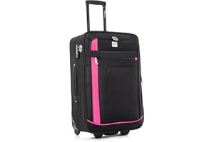 ATX LUGGAGE EST. 1991 ATX Luggage Medium Suitcase Expandable Soft Shell Durable Lightweight Hold Check in Trolley Case with 2 Wheels & Built-in 3 Digit Combination Lock (Black/Pink, 79 Liter)