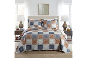 Qucover Patchwork - Colcha Acolchada, cubrecama de 220 x 240 cm para 2 Personas con 2 Fundas de Almohada, Colcha Ligera de Verano de Microfibra, bouti de 3 Piezas, diseño de Cuadros marrón