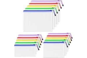 SUNEE Plastic Wallets A4 A5 A6, 15 Pack Mesh Zip Lock Document Wallets & File Bags, Waterproof Zip Plastic Folders for School, Office, Home and Travel Storage - 5 Colours