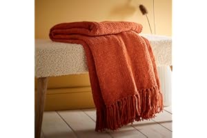 Appletree - Pomarańczowy koc szenilowy (130 x 180 cm) - pomarańczowa narzuta na sofę, teksturowana narzuta z terakoty, pomarańczowy, tkany koc, pomarańczowy - narzuta z frędzlami, wystrój domu