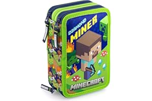 Clondo Trousse Triple Remplie, pour Minecraft Fans Enfants, 45 Accessoires Scolaires, 3 Fermetures Éclair, Compartiments Organisés, Crayons de Couleur, Feutres, Colle, Ciseaux