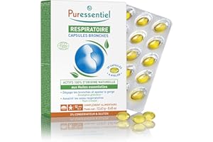 Puressentiel - Respiratoire - Capsules Bronches aux huiles essentielles Bio - Actifs 100% d'origine naturelle - Dégage les bronches, apaise la gorge & assainit les voies respiratoires - 30 capsules