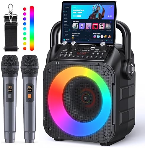Wowstar Karaoke Maschine mit 2 Mikrofone, Tragbaren Bluetooth Lautsprecher Box für Erwachsene/Kinder mit Lichteffekte mit PA Komplettsets, Unterstützt TF/USB, FM, AUX in, TWS für Party