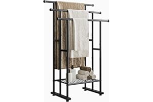 JURMERRY JELUTE 3 Tier Freestanding Towel Rack, Towel Rail Metal Ladder Towel Holder Drying Stand with 3 Towel Rails and Storage Shelf,Black