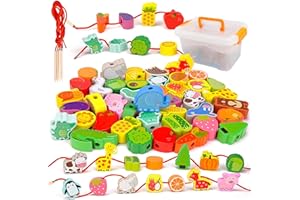 Errum 42 Pieces Toddler Threading Toy Wooden Educational String Lacing Beads Toys Educational Montessori Toys Beads Threading Game for 2-5 Year Old Girls Boys