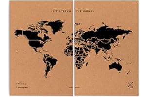 Miss Wood Map XXL, Mappa del mondo di Sughero, 90 x 120 cm, Naturale/Nero