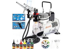 XDOVET Kit de sistema de compresor de tanque de almacenamiento, sistema de aerografía con compresor de aire de 1/5 HP y 2 kits de aerógrafo, juego de pintura acrílica de 6 colores opacos