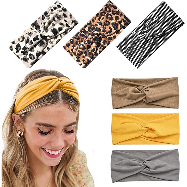6 Stück Stirnbänder Damen - Elastische Headbands Mit Leopardenmuster & Uni