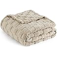 Bedsure Fleece Throw Blanket for Sofa - Soft Checkered Single Blankets for Women, Fluffy Cosy Warm Blanket for Bed, Beige, 130x170 cm