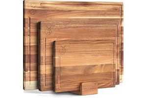 WALDWERK Tablas de Cocina (40x30 / 33x24 / 26x18 cm) de madera maciza de acacia – Juego de 3 tablas de cortar con soporte – Tabla cortar cocina de 2 cm de grosor con canal para jugos – Tablero madera