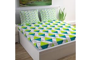 Divine Casa Cotton Geometric Print Mix N Match Bedsheet for Double Bed (Lime, Teal and Off White)