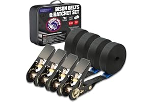 Bison Gear Endless Ratchet Tie Down Straps 19ft 6m 800kg 6m x 1in 25mm 1700lbs 800kg (4 Pack, Black) - No Hooks