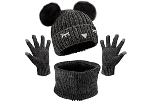 Maylisacc Ensemble Bonnet Écharpe Gant Fille, Bonnet avec Pompon Doux Cache Cou Polaire Chaud en Tricot et Gant Enfant Garcon Hiver Tactile Smartphone pour 5-10 Ans