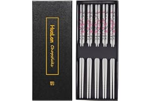 HuaLan Baguettes en Acier Inoxydable, Baguettes en Alliage Métallique, Baguettes de Conception Antidérapantes Réutilisables, Coffret Cadeau 5 Paires,Prune