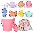 MarcZero 11Pcs Silicone Beach Toys,Modern Baby Beach Toys,Travel Friendly Beach Set,Eco Friendly Toy,Silicone Bucket, Shovel, 8 Sand Molds, Beach Bag,Silicone Sand Toys for Toddlers, Kids (Peach Pink)