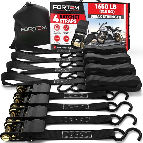 FORTEM Set de Correas de Amarre con Tensor de Trinquete, Resistencia 249 kg de Carga, 748 kg al Rompimiento, 4 Ganchos de Acero Plastificado, 4 Correas de 4.5m, 4 Hebillas (Negro) - 1