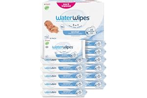WaterWipes Sensitive+ Newborn & Baby Wipes, 720 Count (12 Packs), 3-In-1 Cleans, Cares, Protects, 99.9% Water, Unscented