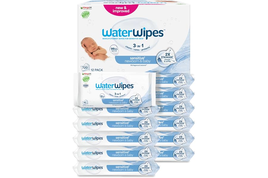 WaterWipes Sensitive+ Newborn & Baby Wipes, 720 Count (12 Packs), 3-In-1 Cleans, Cares, Protects, 99.9% Water, Unscented