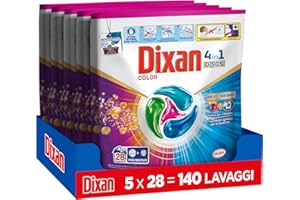 Dixan DISCS 4in1 Color Detersivo Lavatrice, 5 confezioni da 28 lavaggi, Capsule lavatrice per colori vivaci, pulizia profonda del bucato e freschezza igienica per lavatrice, Rimuove le macchie da 20°C