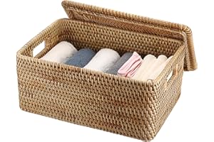 SUMTree panier de rangement en rotin panier avec couvercle boîte décorative organisateur avec poignées pour étagère, placard de cuisine, bureau (39x28x17cm)