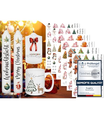 Sugeru 6 PCS Kerzentattoos Weihnachten (200+ Muster),Wassertransferdruck | DIY Asserschiebefolie Kerzen | Kerzenaufkleber Weihnachts Sticker | Kerzen Dekorieren | Ostern,Adventskerze (Weihnachten A