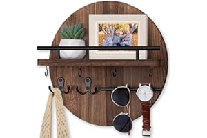Nekon Key Holder Wall Mount, 11.8 Inch Key Rack with Shelf and 6 Key Hooks, Rustic Key and Mail Organizer, Circular Wooden Key Hanger for Entryway Hallway Kitchen (Brown)