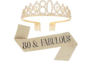 SUSSURRO "80 and Fabulous Sash and Rhinestone Tiara Set,80th Birthday Gifts Birthday Sash for Women Birthday Party Supplies( Gold)