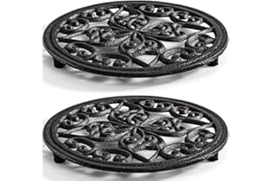 Coloch 2 Pack Cast Iron Trivet, 7.1 Inch Round Metal Trivet with Vintage Patterns Rustproof Hot Pot Holder Pads with Rubber Pegs for Serving Hot Dishes, Pans, Tea Pots, for Kitchen, Black