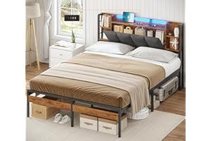 ‎AOGLLATI AOGLLATI Bettgestell 140x200 mit LED-Beleuchtung und USB-Ladefunktion, Metallbett Bettrahmen mit Stauraum-Kopfteil Bett mit Gepolstertem Kopfteil Jugendbett Doppelbett mit Lattenrost(140 x 200 cm)