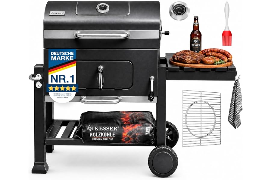 KESSER® Parilla de Carbón con Carrito Grill con Tapa, Ruedas, Mango de Acero Inoxidable | Barbacoa y Termómetro Carbón Grande