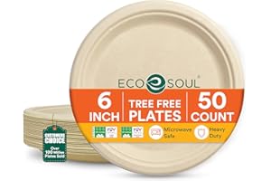 ECO SOUL 100% Compostable 15cm (6") Inch Paper Plates [50-Pack] Disposable Bulk Party Plates I Heavy Duty Eco-Friendly Sturdy Dinner, Wedding, Event I Unbleached Sugarcane Eco