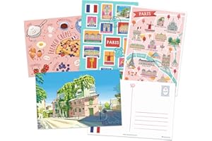 Navy Peony Cartes Postales de Voyage Paris (4x6 Pouces, 12 pièces, 4 Designs) – Carte de Paris, Thème Timbre Postal, Cartes Postales Illustrées par Artistes pour Postcrossing