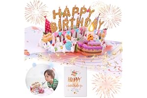 Pup Go Muzyczna kartka urodzinowa ze światłami i dmuchaną świecą, 20 cm x 15 cm, kartka z życzeniami 3D dla kobiet, mężczyzn, dzieci, męża, żony, córki i przyjaciół