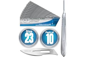 SURGICLASS Scalpel Blades # 23 Carbon Steel Non Sterile Scalpel Surgical Blades Pack of 10 and Steel Handle for Wood Art, Surgical, Sculpting, Repairs, Lab Anatomy, Sign, Card Making Lab Training SURGIBL23-10