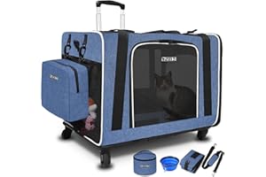 Petskd Extra Large Cat Carrier with Wheels and Litter Box 24"x17"x17" for Large Cat or 2 Small Cats, Collapsible Soft Sided Pet Carrier for Car Travel with Lockable Safety Zippers(Blue)