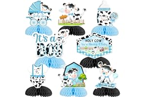 JOYMEMO 8 Pieces Cow Baby Shower Honeycomb Centerpieces Blue Black - Holy Cow We're Having A Baby Shower Decorations Boys, Cow Theme Its a Boy Baby Shower Table Toppers for Pregnancy Newborn Party