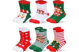 TOSZOLY 6 Pares Calcetines de Navidad para Niños, Calcetines de Invierno Calientes y Suaves de Algodón, con Diseños de Papá Noel, Reno y Muñeco de Nieve, Idea de Regalo para Niñas y Niños