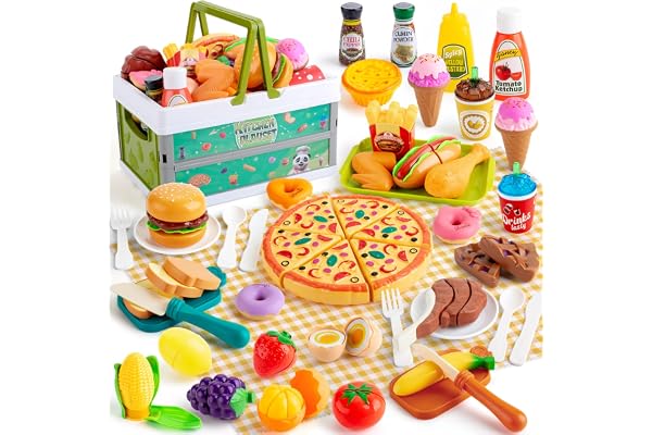 SEMKOTREE Barnkök tillbehör, lekkök och rollspelslask kök med mat och picknickkorg för barn