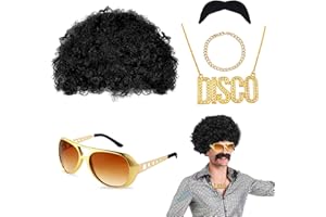 VIKSAUN 5 Piezas Conjunto de Disfraces de Hippies Peluca Afro Hippie Accesorios, Accesorios de Disfraz de Peluca,Peluca Hombre para Disfraz de Halloween Carnaval,para Fiestas de Carnaval