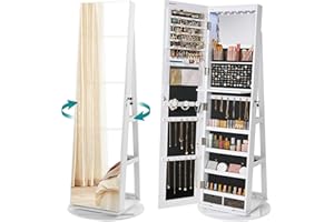 SONGMICS Armoire à Bijoux avec Miroir sur Pieds, Verrouillable, avec 6 LED, Rangement Bijoux Pivotant 360°, Miroir Psyché sans Cadre, 3 Étagères, Surface en Blanc, Doublure en Noir JJC007W01