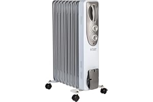 Russell Hobbs 2000W/2KW Oil Filled Radiator, 9 Fin Portable Electric Heater - White, Adjustable Thermostat with 3 Heat Settings, Safety Cut-off, 20 m sq Room Size, RHOFR5002, 2 Year Guarantee