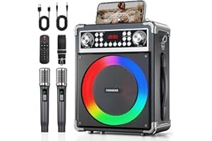 HUABAO Karaoke-Maschine mit 2 kabellosen Mikrofonen, tragbarer Bluetooth-Lautsprecher für Erwachsene und Kinder, PA-System mit Fernbedienung und Beleuchtung, Bass-/Höhenregelung, USB/AUX/TF/FM