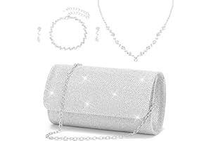 ZHITENG Sac à Main Argenté, Un Collier en Argent, un Bracelet et une Paire de Boucles D'oreilles, Etincelant Pochette Mariage, Sac de Soirée élégant Argenté pour Dîner dansant d'anniversaire