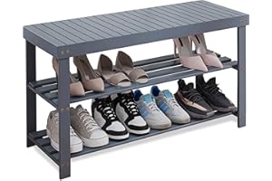 SMIBUY Bamboo Shoe Rack Bench, 3-Tier Shoe Organizer Storage Shelf for Entryway Hallway Bathroom Living Room (Grey)